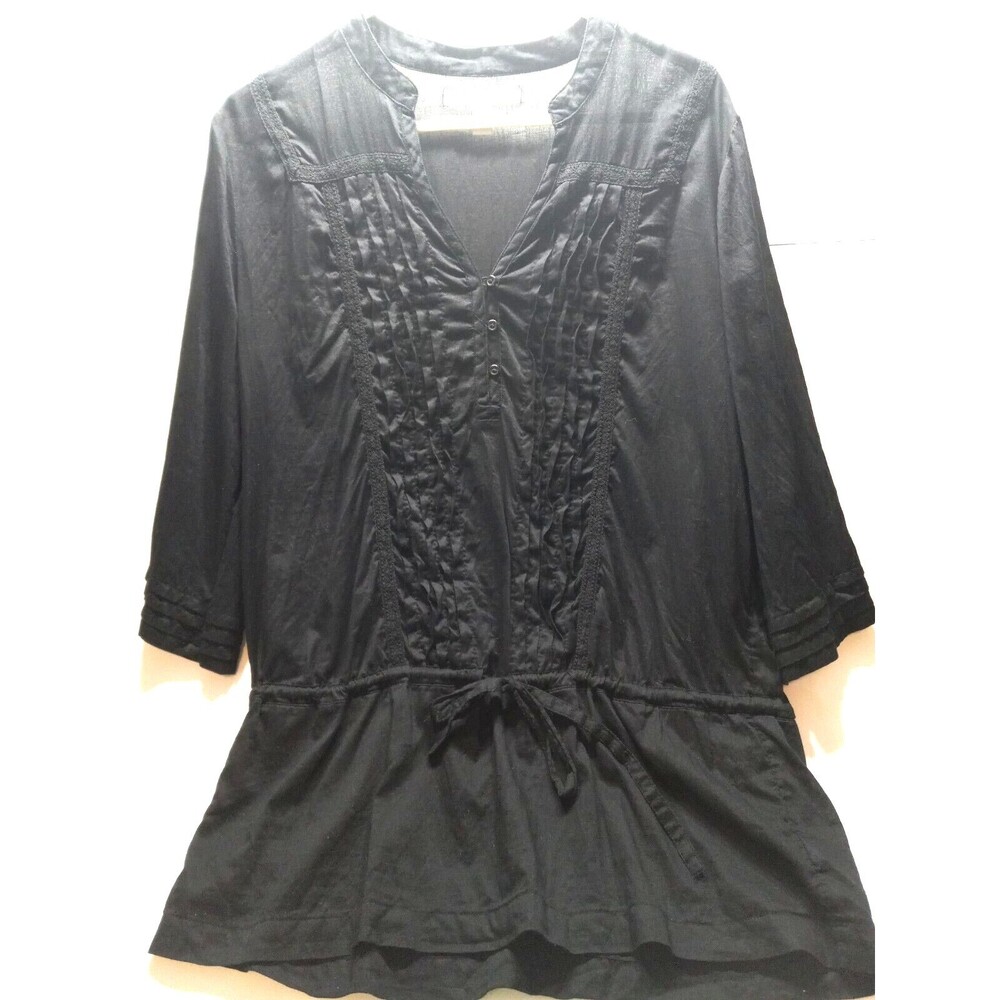 Black Tunic Top Large Old Navy Drawstring Waist Rouged Front Lace Peasant Boho